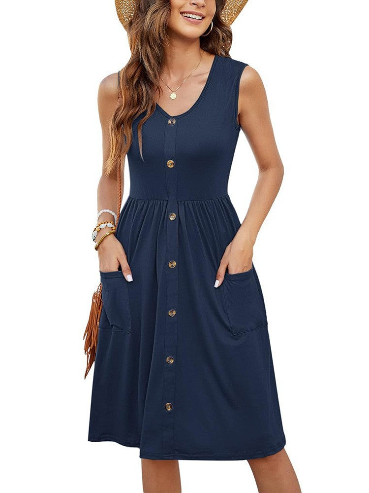 Damen Knielanges Sommerkleid mit Knopfdetails und praktischen Taschen