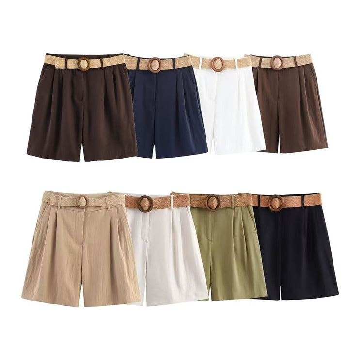 Damen elegante Shorts mit breitem, geflochtenem Gürtel