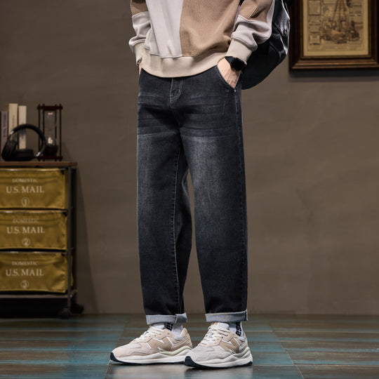 Herren Weite gerade geschnittene Denim-Jeans mit Used‑Wash und Umschlagbund Nord Taschen