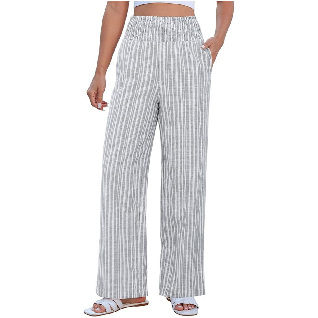 Damen Leichte Leinenhose mit weitem Bein, hoch geschnittener geraffter Gummibund und Seitentaschen Nord Taschen