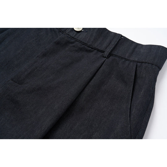 Damen Hochtaillierte weite Culotte-Hose aus Denim‑Mix mit Bundfalten und Knopfverschluss Nord Taschen