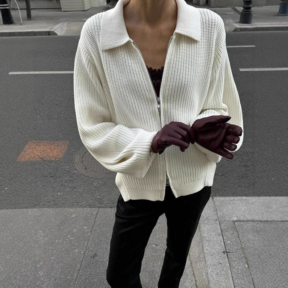 Damen Gerippte Strickjacke mit Reißverschluss, Hemdkragen & Ballonärmeln Nord Taschen