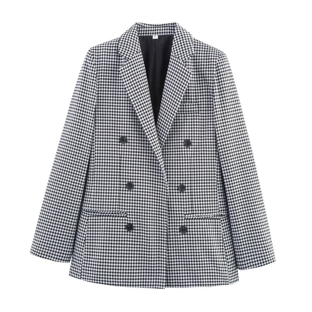 Damen Doppelreihiger Wollmix-Blazer im Glencheck/Hahnentritt mit leicht boxy Schnitt Nord Taschen