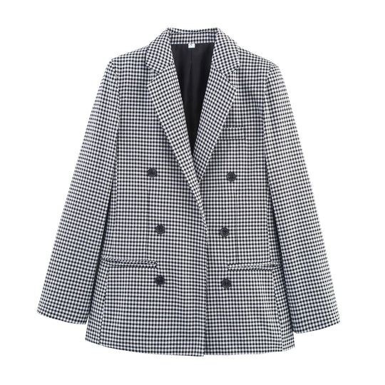 Damen Doppelreihiger Wollmix-Blazer im Glencheck/Hahnentritt mit leicht boxy Schnitt Nord Taschen
