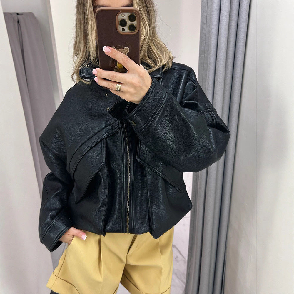Damen Oversize-Bomberjacke aus strukturiertem Lederimitat mit überlappender Klappenfront Nord Taschen