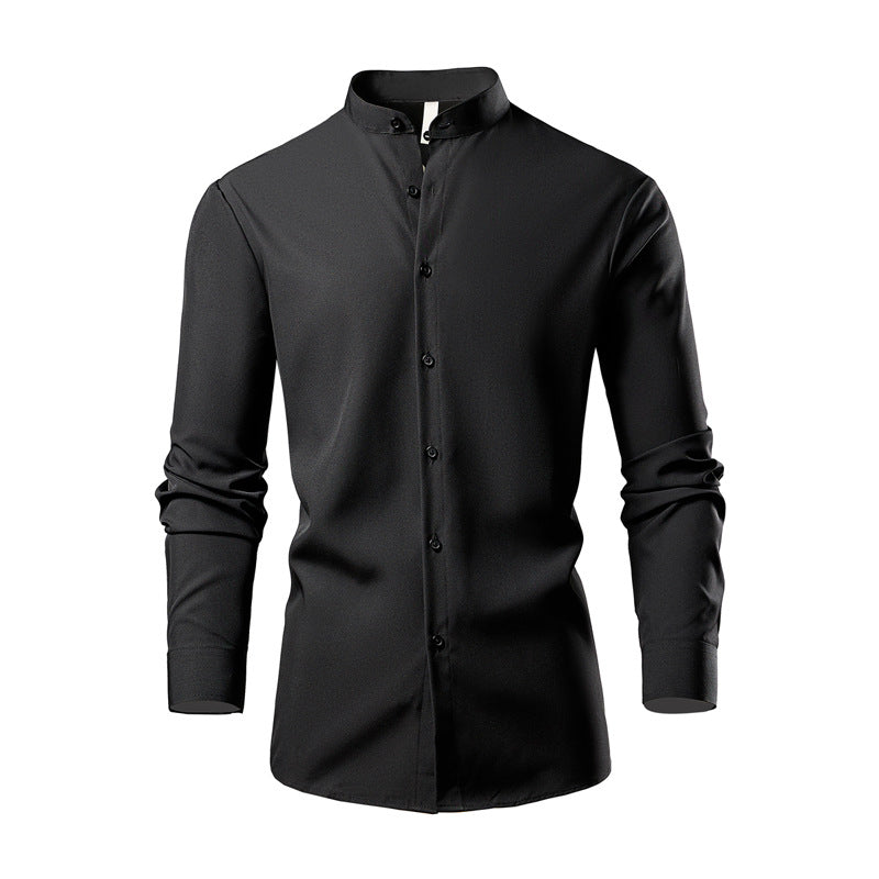 Herren elegantes Langarmhemd mit stehendem Kragen und modernen Knopfdetails