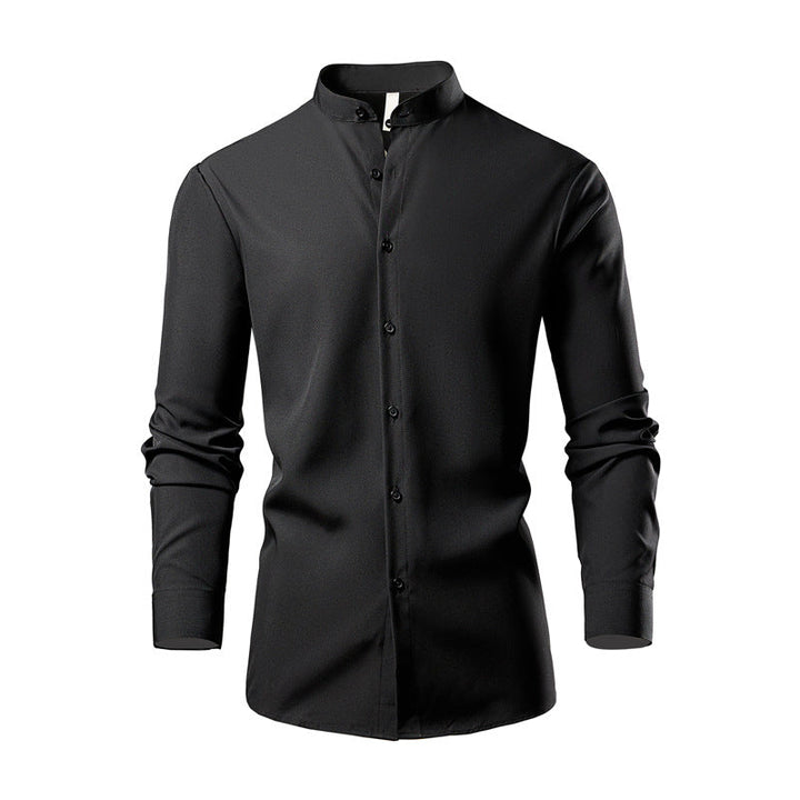 Herren elegantes Langarmhemd mit stehendem Kragen und modernen Knopfdetails