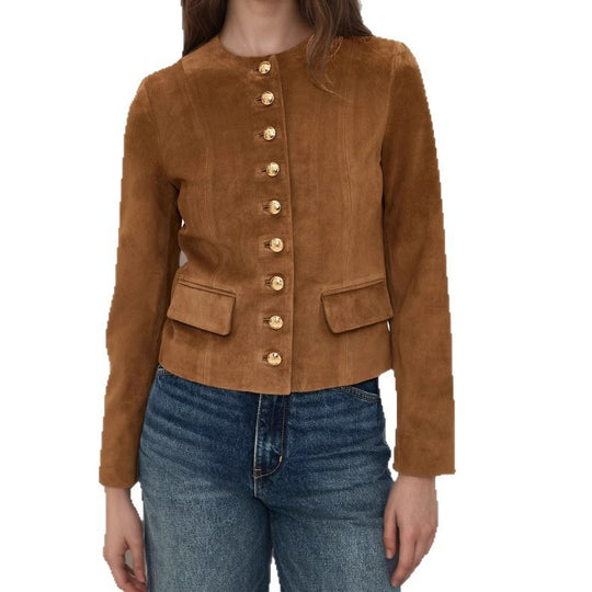 Damen Taillierte Wildlederoptik‑Jacke mit Stehkragen und Zierknopfleiste Nord Taschen