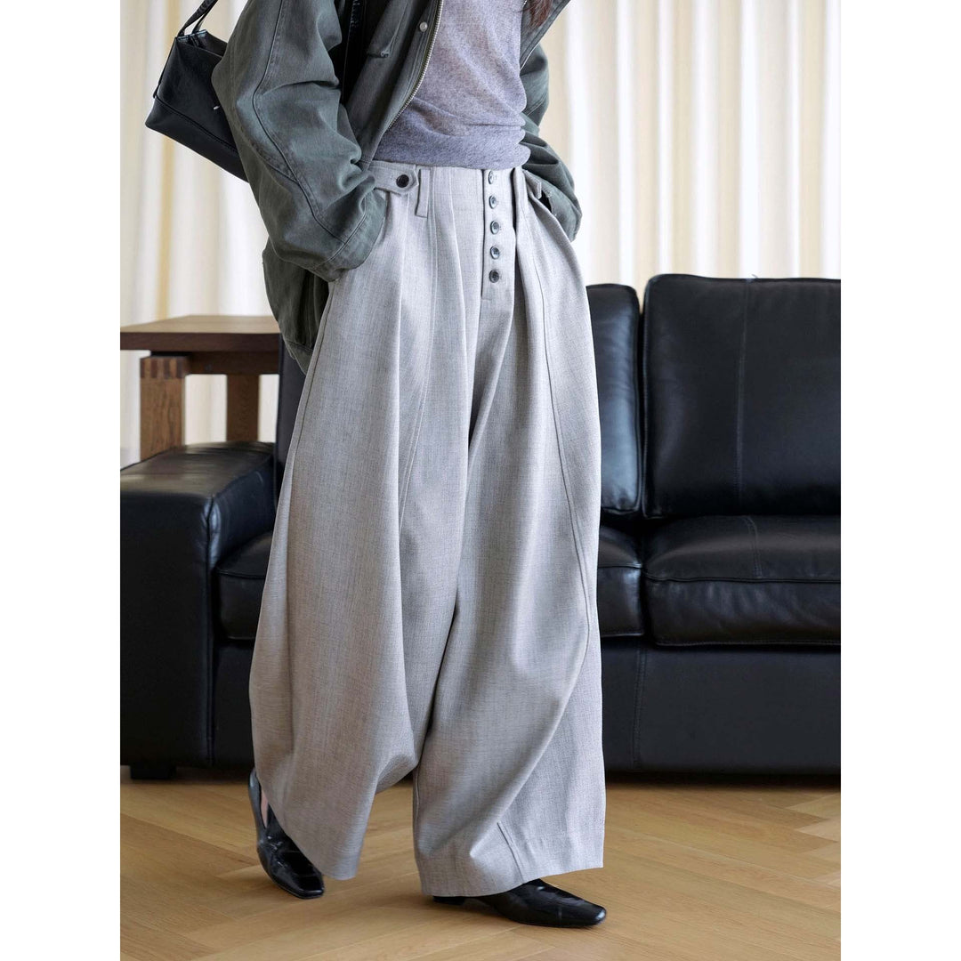 Damen weite Hose mit hoher Taille und dekorativer Knopfleiste Nord Taschen