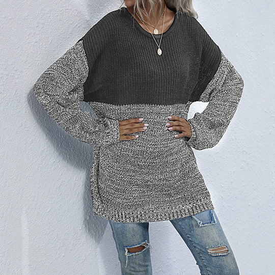 Damen Oversize Strickpullover mit Colorblock-Optik, rundem Ausschnitt und melierter Strukturstrick Nord Taschen