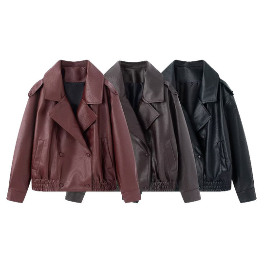 Damen Oversized Kunstlederjacke mit großem Revers, doppelreihiger Druckknopfleiste und elastischem Saum Nord Taschen