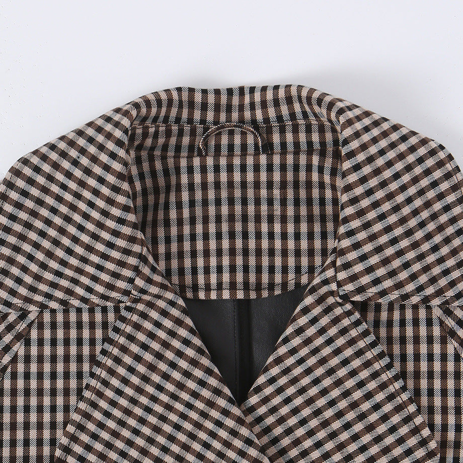 Damen Kurze Karo-Trenchjacke mit Tunnelzug-Taille und weitem Revers Nord Taschen