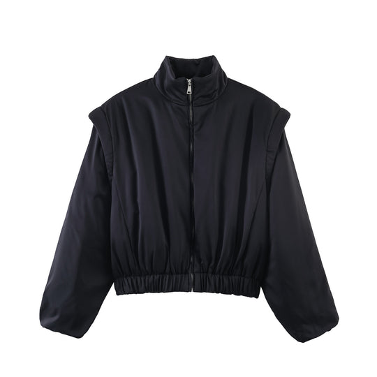 Damen Gepolsterte Cropped-Übergangsjacke mit Stehkragen, Ballonärmeln und elastischem Saum Nord Taschen