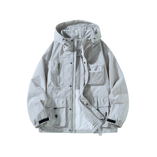 Herren Technische Utility-Outdoorjacke mit Kapuze Multifunktionstaschen und Mesh-Innenfutter Nord Taschen