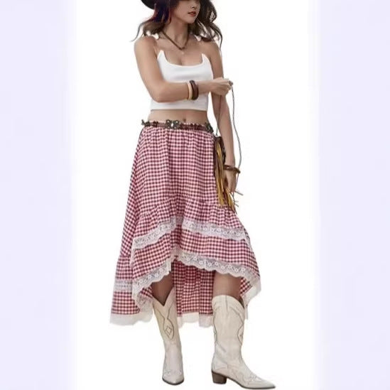 Damen Boho Maxi-Rock mit asymmetrischem Saum und Spitzenverzierungen