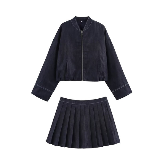 Damen Cropped Denim-Bomberjacke mit überschnittenen Ärmeln und Kontrastnaht Nord Taschen