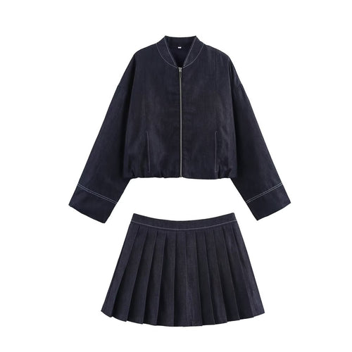 Damen Cropped Denim-Bomberjacke mit überschnittenen Ärmeln und Kontrastnaht Nord Taschen