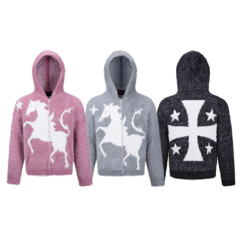 Unisex Flauschiger Kapuzenpullover mit Einhorn-Motiv und durchgehendem Reißverschluss Nord Taschen