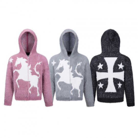Unisex Flauschiger Kapuzenpullover mit Einhorn-Motiv und durchgehendem Reißverschluss Nord Taschen