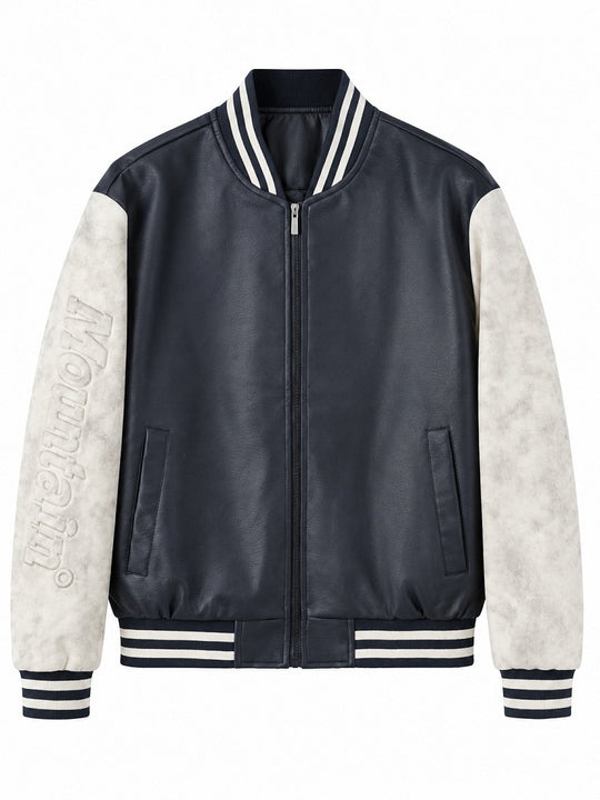 Herren Varsity‑Bomberjacke im College‑Stil mit Lederimitatkörper und kontrastierenden Wildlederärmeln Nord Taschen