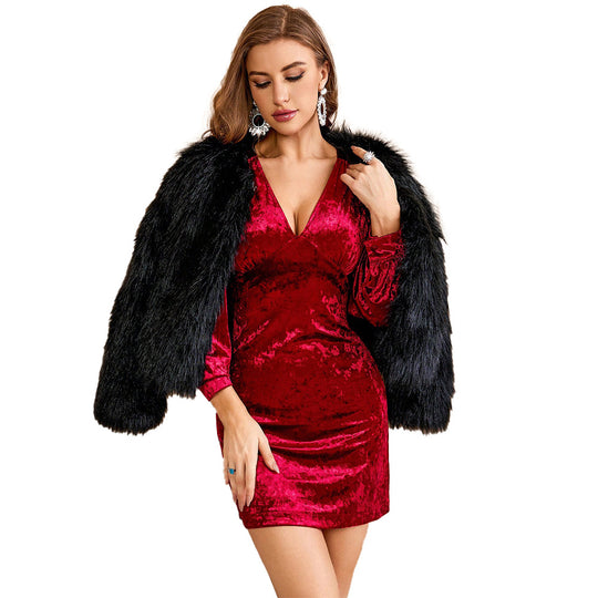 Damen Samtkleid mit V-Ausschnitt, taillierter Bodycon-Silhouette und langen Ballonärmeln Nord Taschen