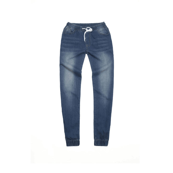 Damen schmal geschnittene Denim-Jogginghose mit Elastikbund, Tunnelzug und elastischen Beinbündchen Nord Taschen