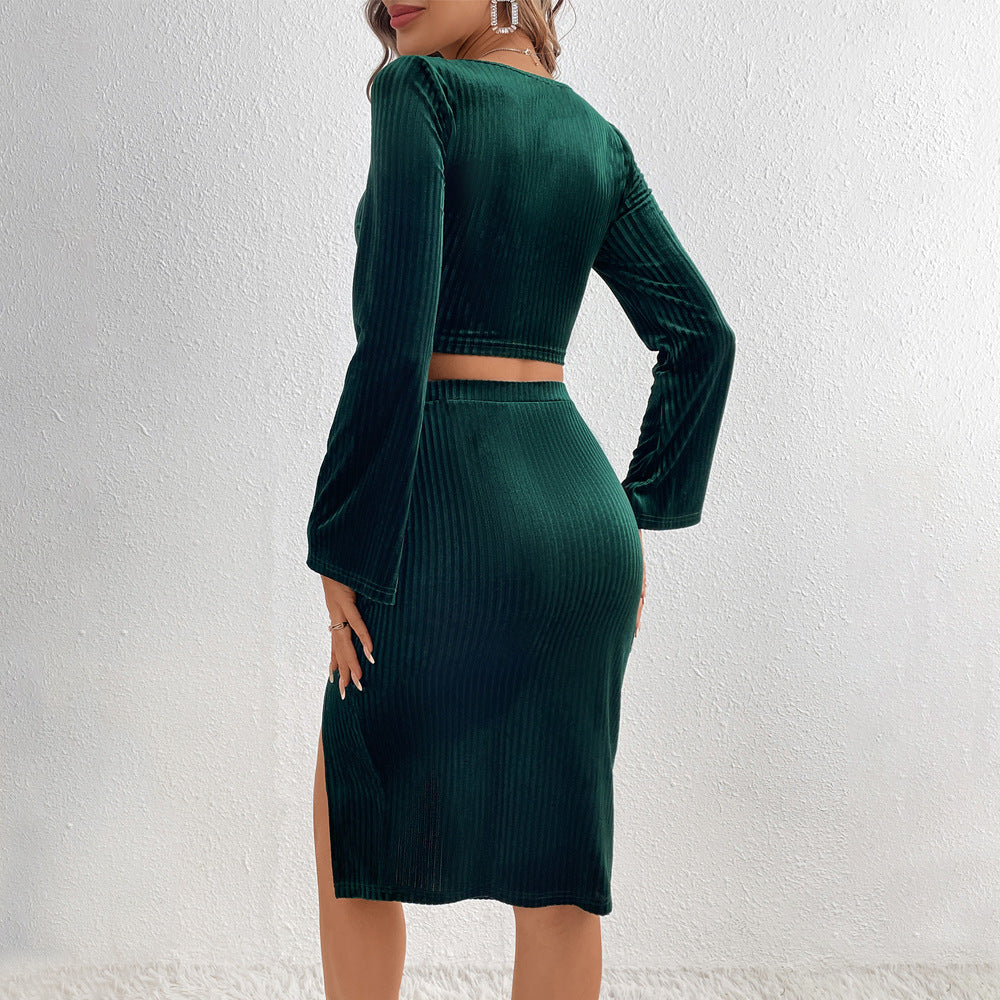 Damen gerafftes Samt-Zweiteiler mit quadratischem Dekolleté Cropped-Top Glockenärmeln und tailliertem Bleistiftrock mit Seitenschlitz Nord Taschen