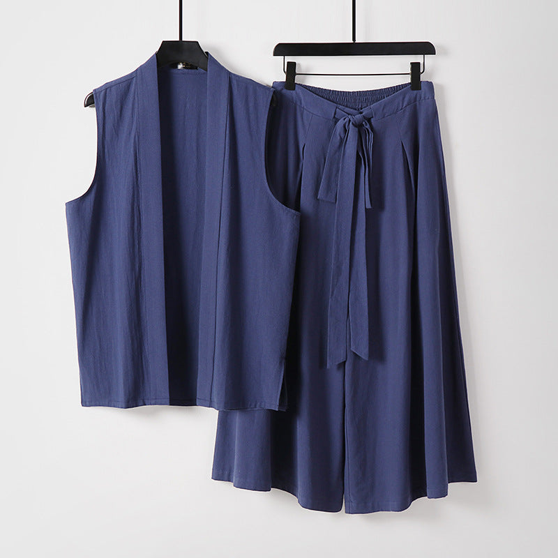 Damen Ärmellose Kimono-Weste und Hochtaillierte Culotte-Hose mit Bindegürtel Nord Taschen