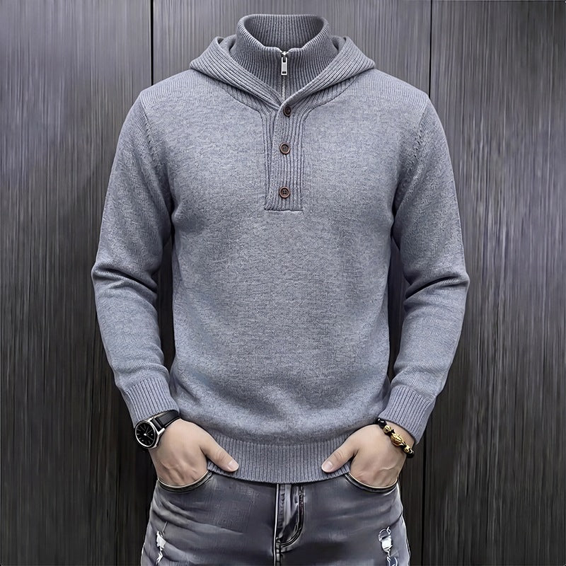 Herren Feinstrick-Kapuzenpullover mit halbem Reißverschluss und Knopfblende Nord Taschen