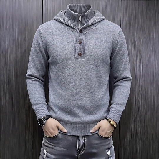Herren Feinstrick-Kapuzenpullover mit halbem Reißverschluss und Knopfblende Nord Taschen