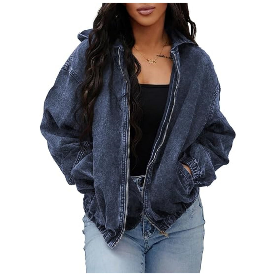 Damen Oversize Jeansjacke mit Kapuze, Reißverschluss und gerafftem Saum Nord Taschen