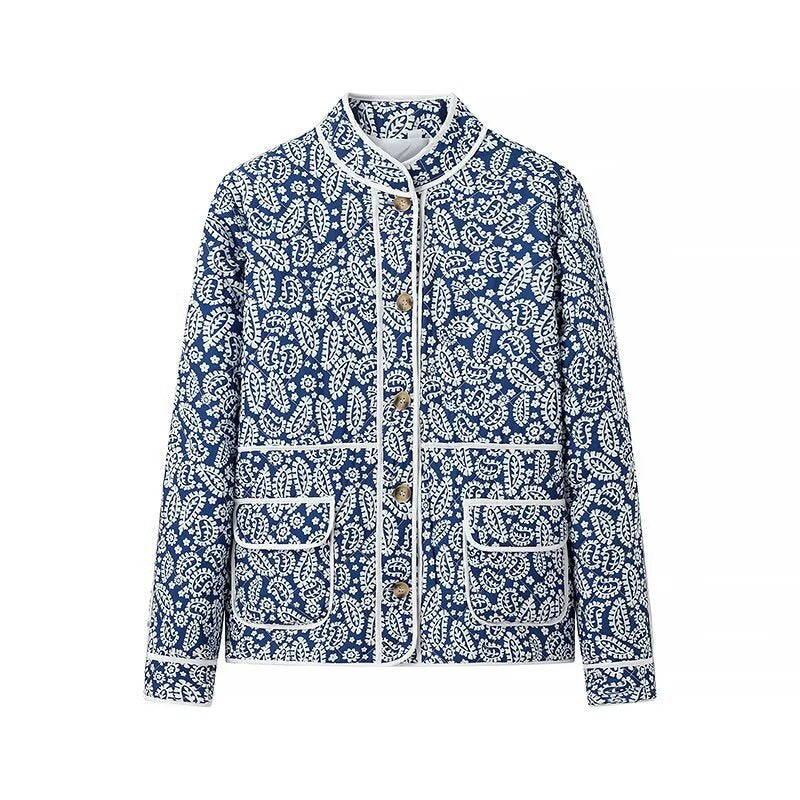 Damen gesteppte Übergangsjacke mit Stehkragen, Paisley‑Print und Kontrastpaspel Nord Taschen