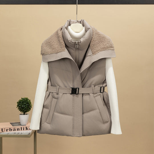 Damen nan wattierte Steppweste mit Strickärmeln und Teddykragen tailliertem Gürtel Nord Taschen