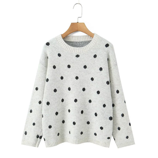 Damen Gepunkteter Oversize-Strickpullover mit Rundhalsausschnitt Nord Taschen