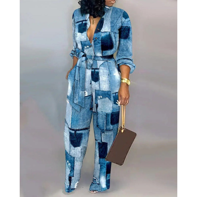 Damen Denim Jumpsuit mit modischem Patchwork-Design und praktischen Taschen - Arvani