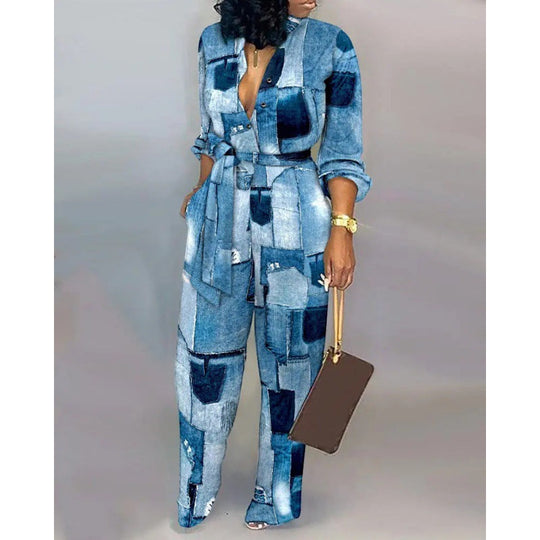 Damen Denim Jumpsuit mit modischem Patchwork-Design und praktischen Taschen - Arvani
