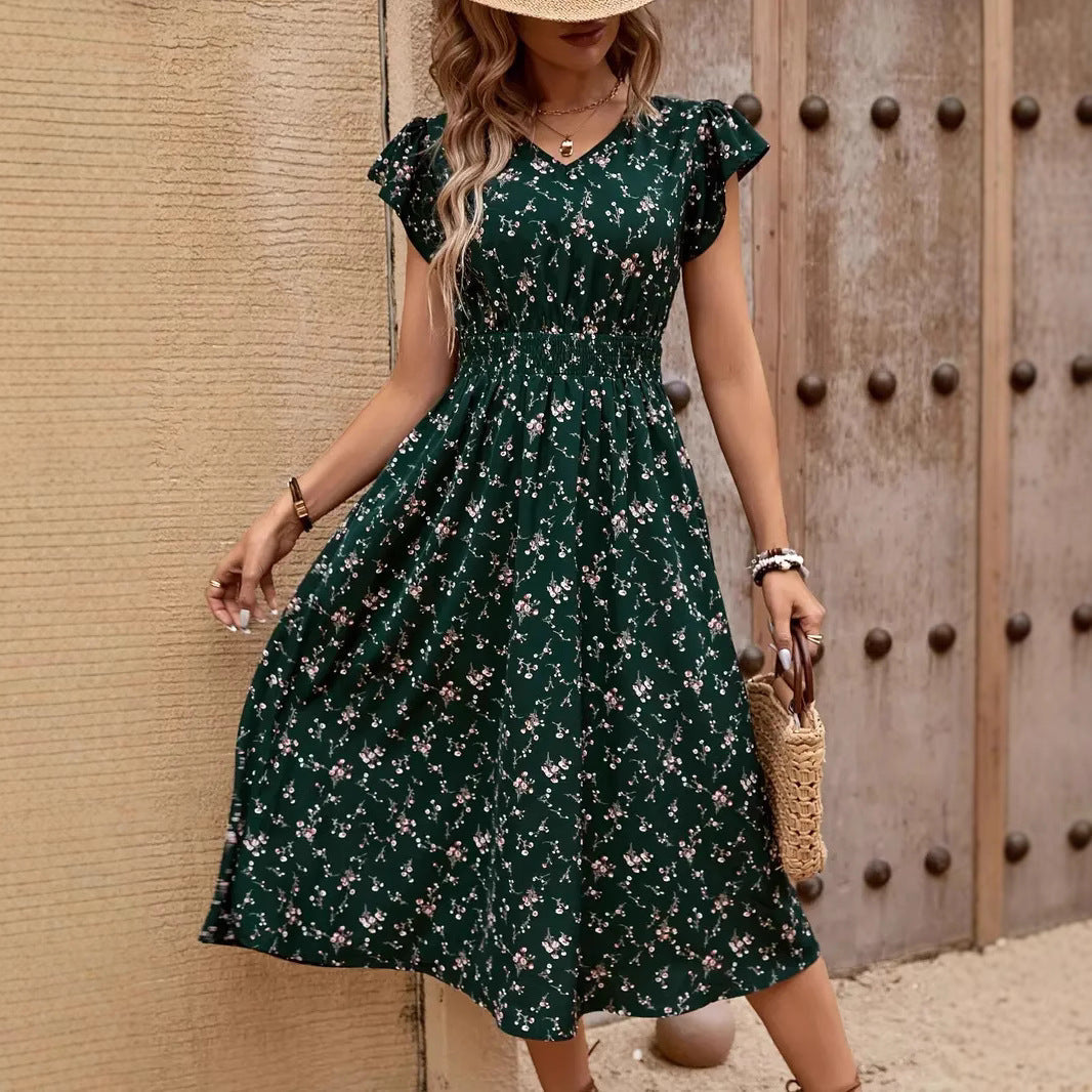 Damen Midikleid mit elastischem Tailleneinsatz und Rüschenärmeln