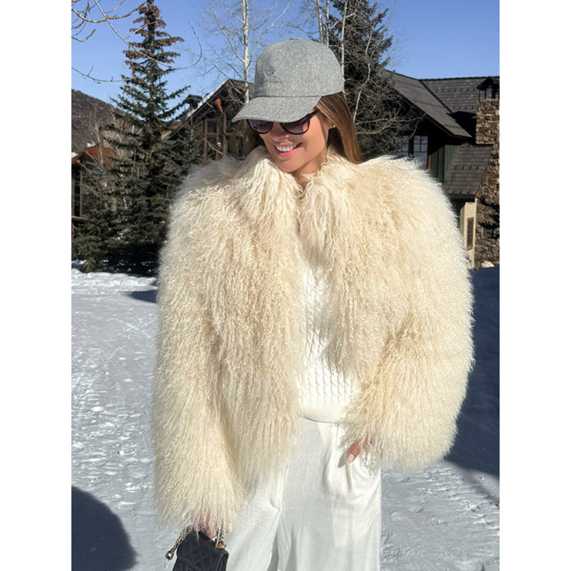 Damen Kuschelige Kurzjacke im Lammfell‑Look mit lockiger Long‑Pile‑Struktur Nord Taschen