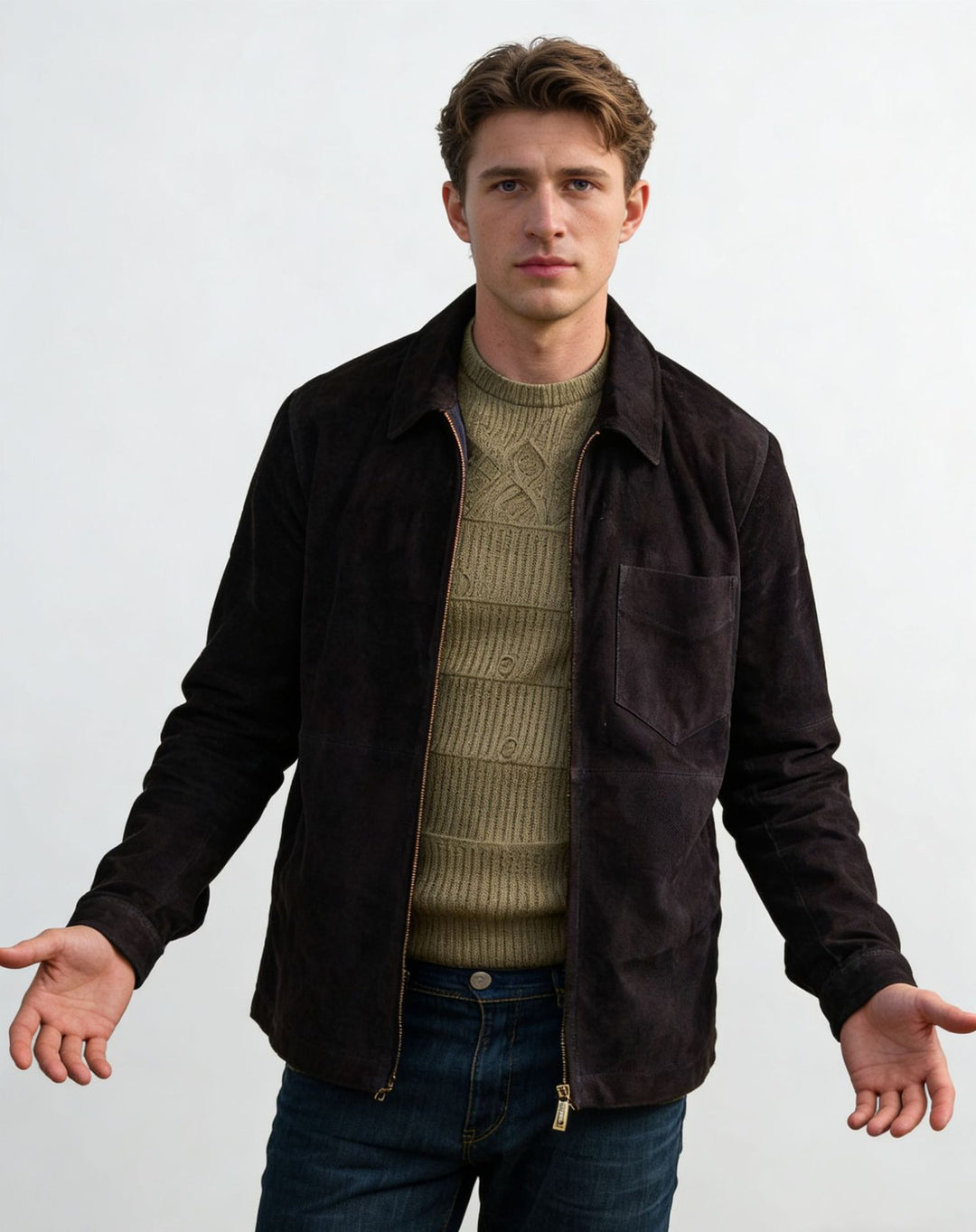 Herren Velourslederjacke mit Reißverschluss und Hemdkragen Nord Taschen