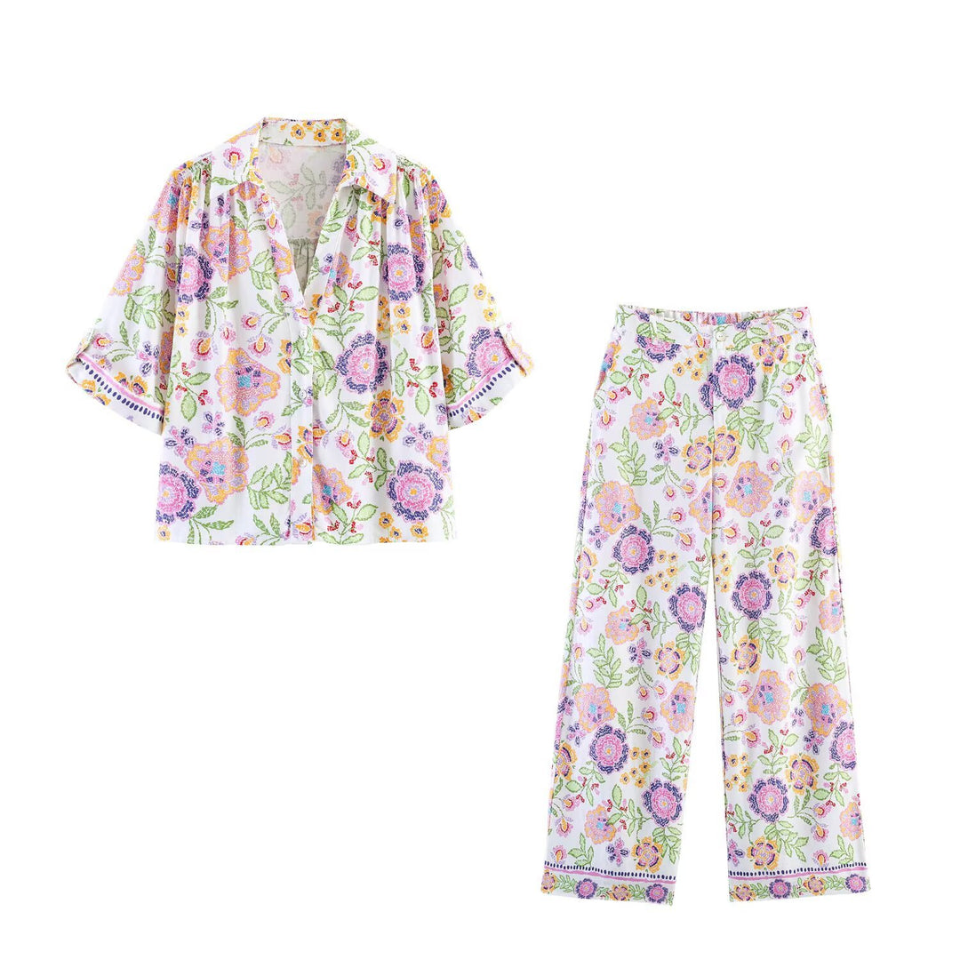 Damen Weite Palazzo‑Hose mit floraler Stickerei und Hoher Taille Nord Taschen