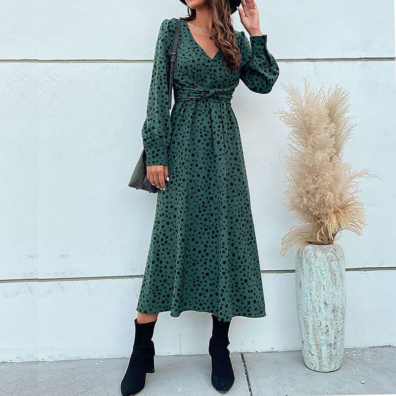 Damen Maxikleid mit V-Ausschnitt, Wickelbund und fein gepunktetem Print Nord Taschen
