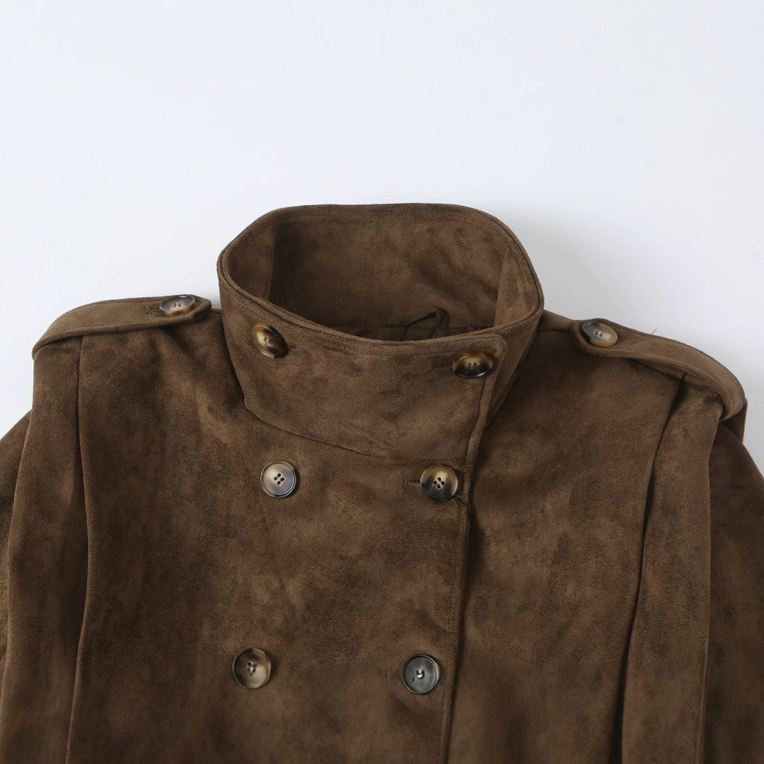 Damen Kurze Doppelreihige Velourslederjacke mit Stehkragen und Epauletten Nord Taschen