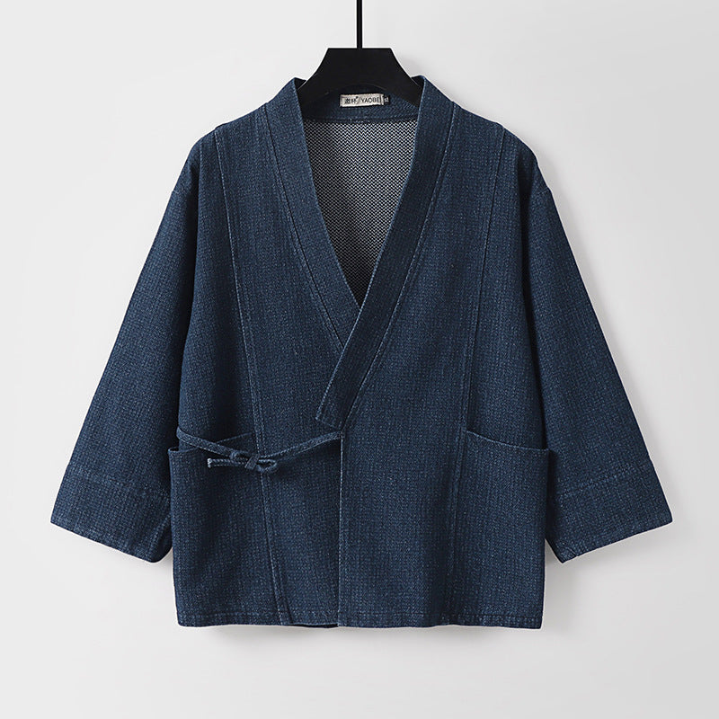 Unisex Jeans-Kimono-Jacke mit Bindegürtel und aufgesetzten Taschen Nord Taschen