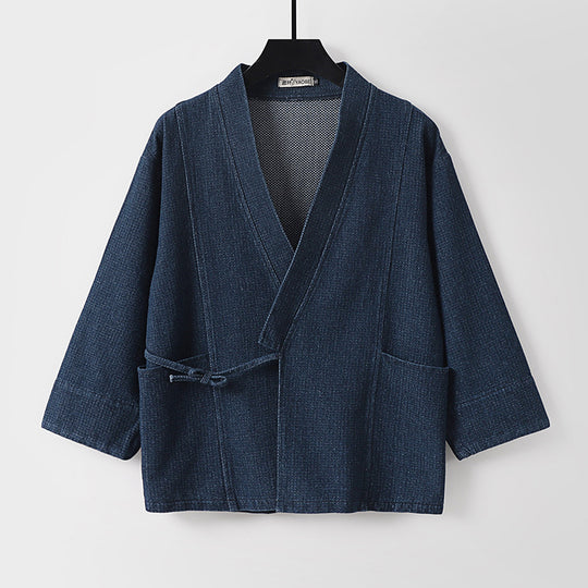 Unisex Jeans-Kimono-Jacke mit Bindegürtel und aufgesetzten Taschen Nord Taschen