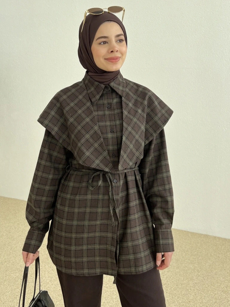 Damen Oversize-Kariertes Hemd mit Taillengürtel und verlängertem Rückensaum Nord Taschen
