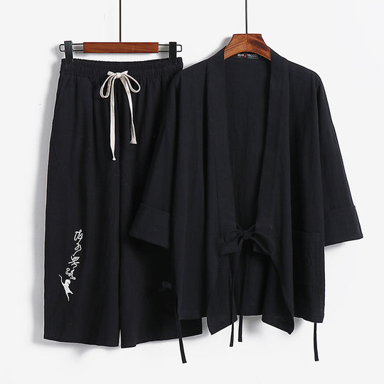 Unisex Leichtes Kimono-Loungewear-Set aus Baumwoll-Leinen mit bestickter Haremshose und Bindegürtel Nord Taschen
