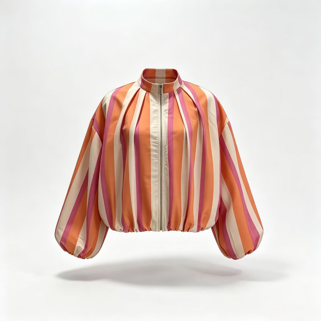 Damen Gestreifter Cropped Blouson mit Faltenansatz, Ballonärmeln und Stehkragen Nord Taschen