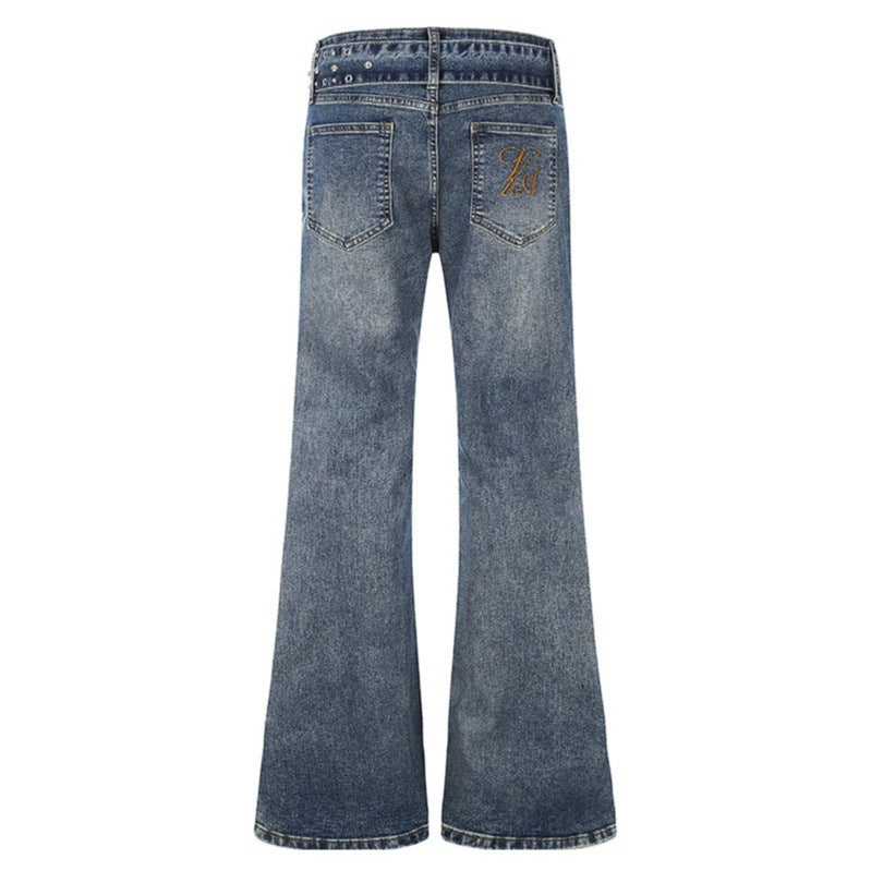 Damen High-Waist Flared-Denimjeans mit Nietenbesatz, weitem Schlag und Ziergürtel Nord Taschen