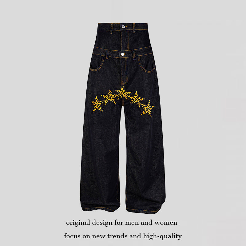 Damen Hochtaillierte weite Jeanshose mit dekorativer Sternstickerei Nord Taschen