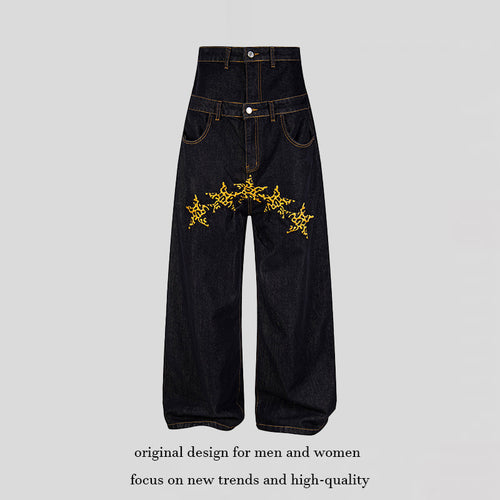 Damen Hochtaillierte weite Jeanshose mit dekorativer Sternstickerei Nord Taschen